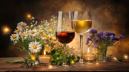 Beautifully arranged glasses of wine amidst vibrant flowers and glowing candles, creating a warm and inviting atmosphere perfect for celebrations and gatherings.の素材
