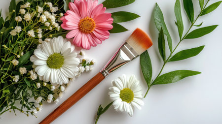 A vibrant floral arrangement featuring colorful flowers, a paintbrush, and greenery on a clean white background, perfect for artistic inspiration and decoration.の素材