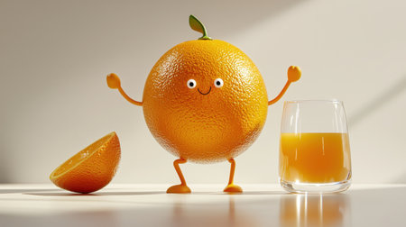 A joyful orange character stands proudly next to a glass of fresh juice, showcasing the fun and vitality of healthy eating. Perfect for cheerful food visuals.の素材