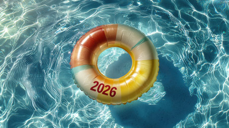 A bright and cheerful float ring rests on shimmering clear water, embodying the essence of summer fun and leisure activities by the poolside.の素材