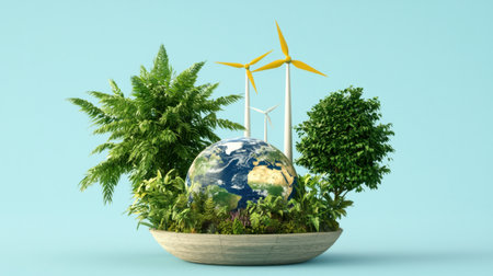 A vibrant eco-friendly setup showcasing a globe surrounded by lush greenery and wind turbines, symbolizing renewable energy, sustainability, and environmental harmony.の素材