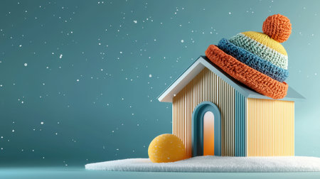 A whimsical house adorned with a colorful knitted hat under gentle snowfall, creating a cozy and playful winter atmosphere perfect for children's illustrations or festive themes.の素材