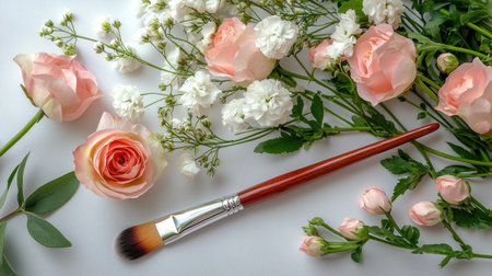 A beautiful composition featuring soft pink roses and white flowers alongside a makeup brush, perfect for beauty and floral-themed projects or promotions.の素材