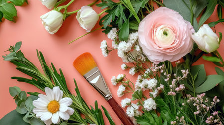 A vibrant arrangement featuring fresh flowers and a paint brush on a coral background. This composition highlights the beauty of nature and creativity.の素材