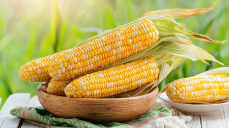 A picturesque display of fresh yellow corn ears in a rustic wooden bowl, highlighting the vibrant colors and agricultural beauty of summer harvests. Perfect for food-related themes.の素材