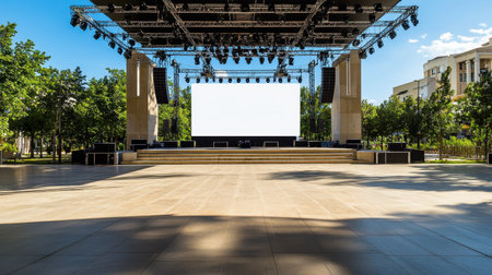 An empty outdoor stage poised for a performance under a bright blue sky, featuring advanced lighting and sound equipment, surrounded by lush trees and open space.の素材