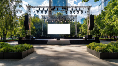 A stunning outdoor stage setup ready for a performance, featuring a blank screen. Surrounded by lush greenery and urban setting, itの素材