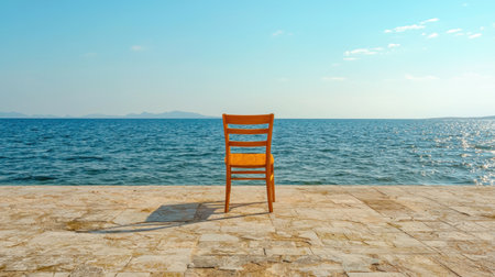 A wooden chair placed on a pebbled shoreline, overlooking a calm ocean. The serene setting captures the essence of relaxation and escape in nature.の素材