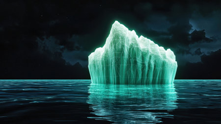 A stunning iceberg glows with an ethereal green light, set against a dark ocean backdrop at night. The reflection creates a serene atmosphere, enhancing the mystical beauty of nature.の素材
