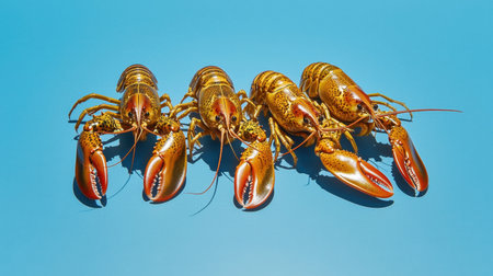 This striking image features vibrant lobsters displayed against a bright blue background. Perfect for seafood lovers and culinary enthusiasts.の素材