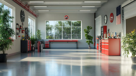 This spacious garage interior features a modern design equipped with tools and a workbench, complemented by natural light and greenery for an inspiring workspace.の素材