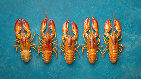 This stunning image showcases five fresh lobsters arranged elegantly on a vibrant blue background, perfect for culinary presentations or seafood-themed promotions.の素材