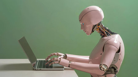 A humanoid robot engages with a laptop on a clean workspace, representing the fusion of technology and innovation in a modern digital environment.の素材