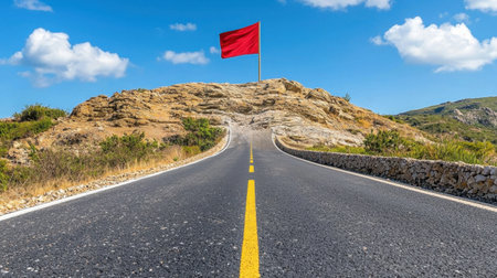 A picturesque road stretches toward a rocky hill adorned with a bold red flag, capturing the essence of adventure and exploration against a vibrant blue sky.の素材