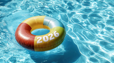 A bright and colorful pool float featuring the year 2026 gently floats in clear blue water. This vibrant image embodies summer fun and relaxation, perfect for vacation themes.の素材