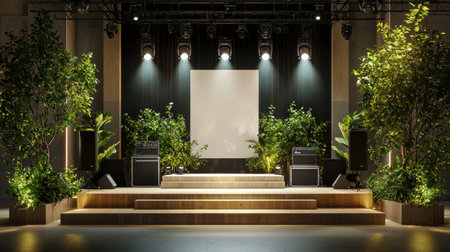 A vibrant stage setup featuring lush greenery, modern lighting, and high-quality sound equipment, perfect for hosting unforgettable music events outdoors.の素材