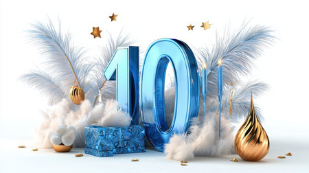 A stunning arrangement of blue and gold decorations featuring the number ten, perfect for celebrating a tenth anniversary. Candles, feathers, and gifts create a festive ambiance.の素材