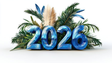 A vibrant and artistic 2026 design featuring tropical leaves and soft feathers. Perfect for celebrations, events, and holiday themed projects.の素材