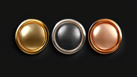 A collection of elegant button designs showcasing gold, silver, and rose finishes. Ideal for digital interfaces, branding projects, and modern presentations.の素材