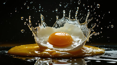 Captivating splash of an egg on a dark surface captures the dynamic movement of droplets and the rich yellow yolk, showcasing freshness and culinary creativity.の素材