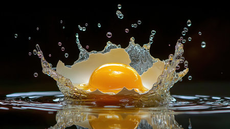 A captivating capture of a yellow egg yolk splashing from a broken eggshell, set against a dark background. The image highlights fluid motion and freshness.の素材