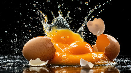 A dynamic splash of egg yolk and broken shells against a black backdrop. The image captures the vibrant yellow hue and water droplets in crisp detail.の素材