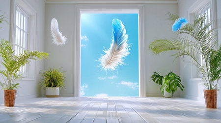 A bright, airy room featuring floating colorful feathers and vibrant indoor plants, creating a serene and tranquil atmosphere. Ideal for wellness themes.の素材