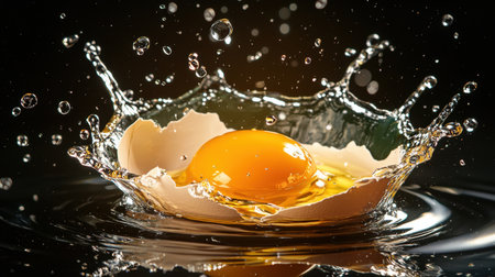 A fresh egg drops into water, creating dynamic splashes and ripples. The vibrant yolk contrasts against the white shell, making a striking visual display.の素材