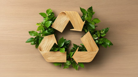 A creative depiction of the recycle symbol formed with bamboo strips and fresh leaves, representing sustainability and nature harmony. Perfect for eco-friendly themes.の素材