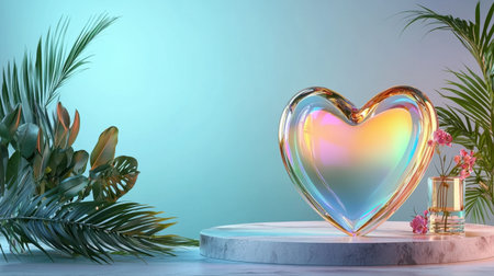 A stunning glass heart sculpture rests on a marble surface, surrounded by tropical leaves and delicate flowers. This colorful artwork adds elegance and charm to any space.の素材