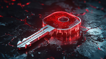 This image features a sleek futuristic key with a glowing red light and icy texture, set against a dark background that enhances its modern design.の素材