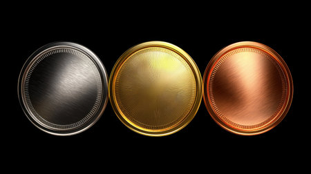 A captivating image featuring metallic coins in silver, gold, and copper tones. The smooth surfaces and reflections create an elegant appearance, perfect for financial themes.の素材