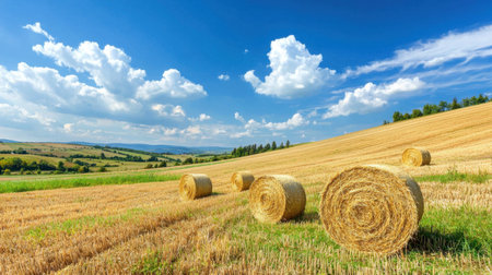 This stunning image showcases golden hay bales scattered across a lush countryside field under a bright blue sky, creating a serene and picturesque landscape.の素材