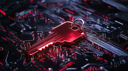 A striking digital key rests on a sleek circuit board, showcasing a futuristic design. The deep red color contrasts with dark tones, symbolizing security and access.の素材