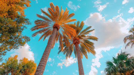 Experience the beauty of lush palm trees reaching towards a bright blue sky filled with fluffy clouds, evoking a vibrant tropical atmosphere and tranquility.の素材