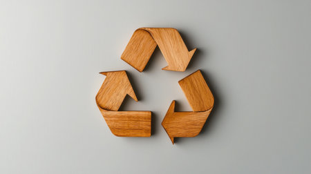 Elegant wooden recycling symbol on a gray backdrop, representing sustainability and eco-conscious choices. Perfect for nature-themed projects and designs.の素材