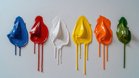 Colorful paint drips create a dynamic visual on a white canvas. Ideal for art, design, and creativity themes, this image showcases vibrant hues in a unique arrangement.の素材