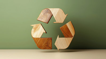 This artistic representation of a recycling symbol features wooden arrows on a green background, emphasizing eco-friendliness and sustainability in design. Perfect for environmental themes.の素材