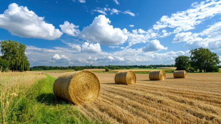 A tranquil agricultural landscape showcasing golden hay bales scattered across a sunlit field under a bright blue sky with fluffy clouds.の素材