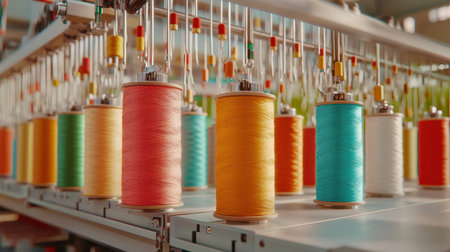 This image showcases an array of colorful thread spools used in a textile manufacturing setting, highlighting the intricate processes of sewing and crafting.の素材