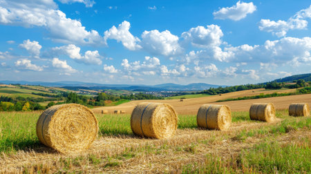 A serene landscape featuring golden hay bales in a vibrant field under a bright blue sky dotted with fluffy clouds, showcasing rural tranquility and agricultural beauty.の素材