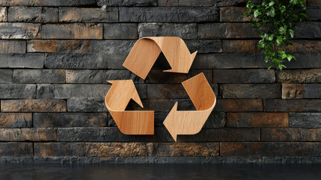 A stylish wooden recycling symbol set against a dark textured wall offers a modern take on eco-friendly design. Ideal for sustainability themes.の素材