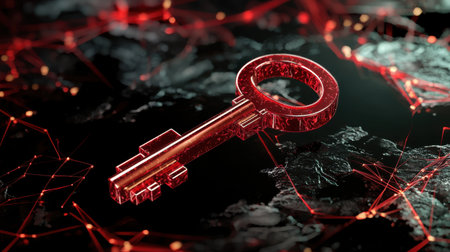 A striking red digital key rests on a dark abstract background filled with intricate connections, symbolizing data security and modern technology.の素材