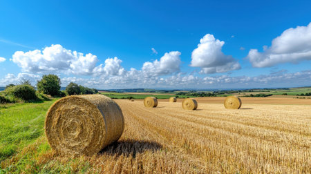 A picturesque view of golden hay bales scattered across a vast field under a bright blue sky filled with fluffy white clouds, highlighting rural beauty.の素材