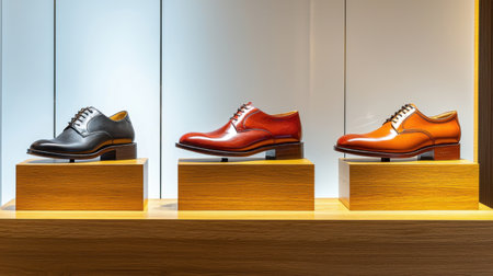 A stylish arrangement of three pairs of classic leather shoes displayed in a modern retail space, highlighting craftsmanship and contemporary design for fashion enthusiasts.の素材