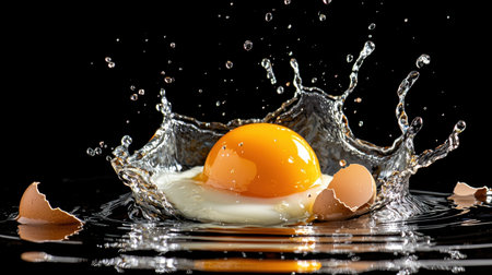 Captivating image of a fresh egg splashing in water, surrounded by broken shells. This dynamic shot highlights the yolk and creates a striking visual against a black background.の素材