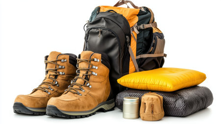 A collection of essential outdoor equipment including boots, a backpack, and a sleeping pad, perfect for hiking and camping adventures in nature.の素材