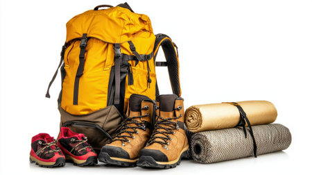 A vibrant yellow backpack sits alongside sturdy hiking boots and essential camping gear, perfect for outdoor adventures and exploring nature's beauty.の素材