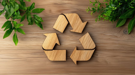 A captivating wooden recycling symbol placed on a wooden surface surrounded by green leaves, representing sustainability and eco-friendly practices in a modern design.の素材