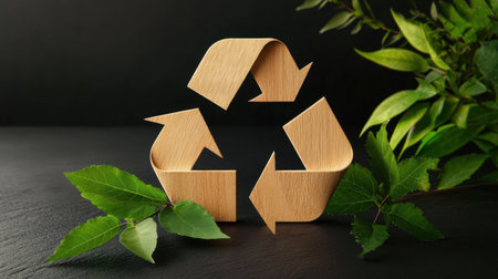 An artistic representation of a wooden recycling symbol surrounded by fresh green leaves on a dark surface, highlighting eco-friendly concepts and sustainability.の素材